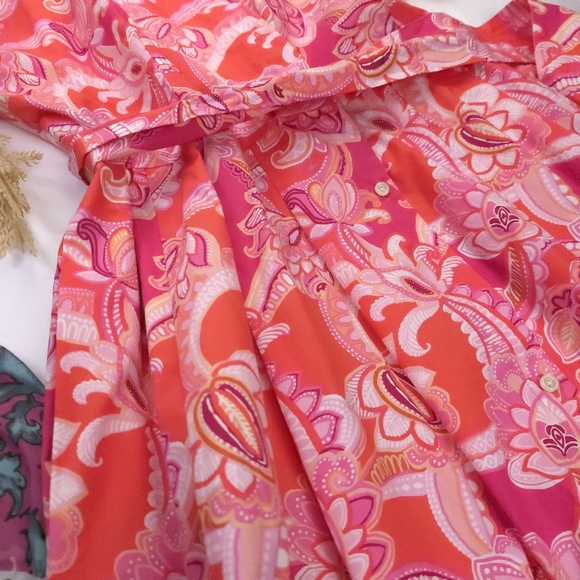 New Talbots Pocketed Belted Pink Floral Maxi Shirt Dress Sz 14 - Picture 6 of 8